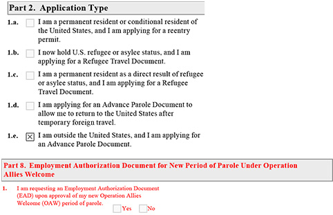 Form Screen shot that explains Part 2 Application Type